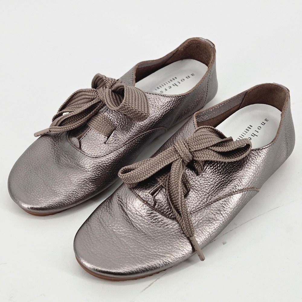 Anothersole Metallic Pewter Silver Leather Ergonomic Oxford Flats 6.5 37 NWOT